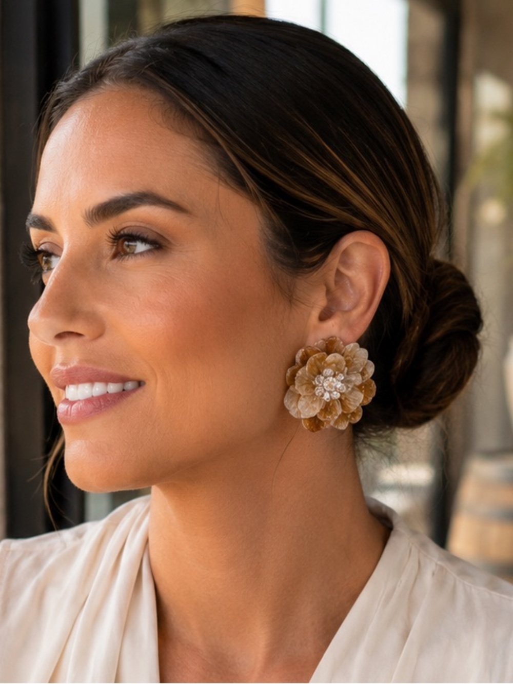 Paparazzi Caramel & Ivory Floral Statement Earrings NWT